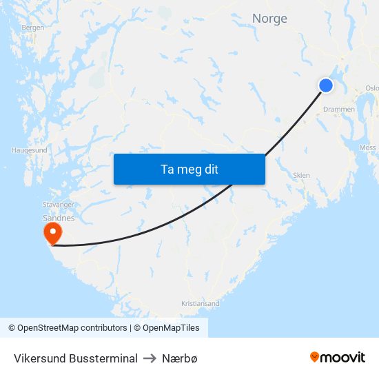 Vikersund Bussterminal to Nærbø map