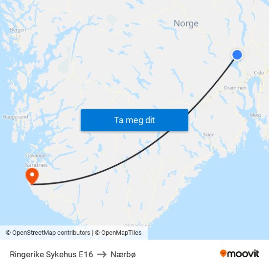 Ringerike Sykehus E16 to Nærbø map