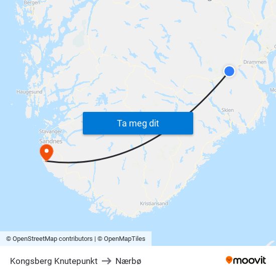 Kongsberg Knutepunkt to Nærbø map
