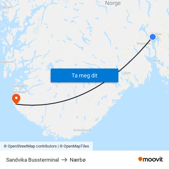 Sandvika Bussterminal to Nærbø map