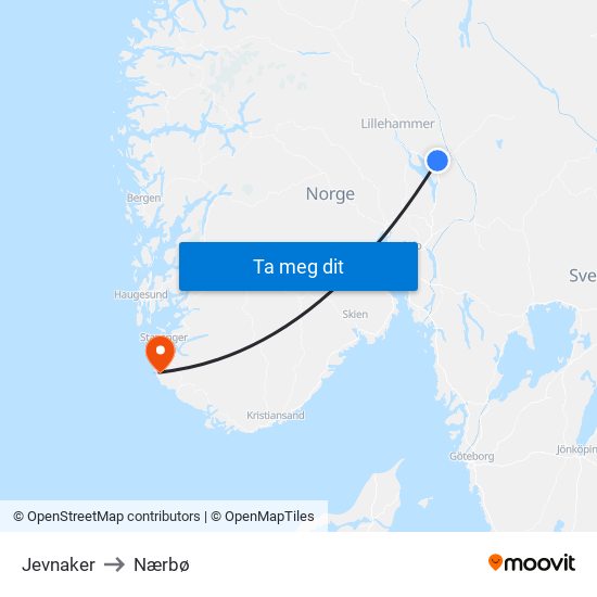 Jevnaker to Nærbø map