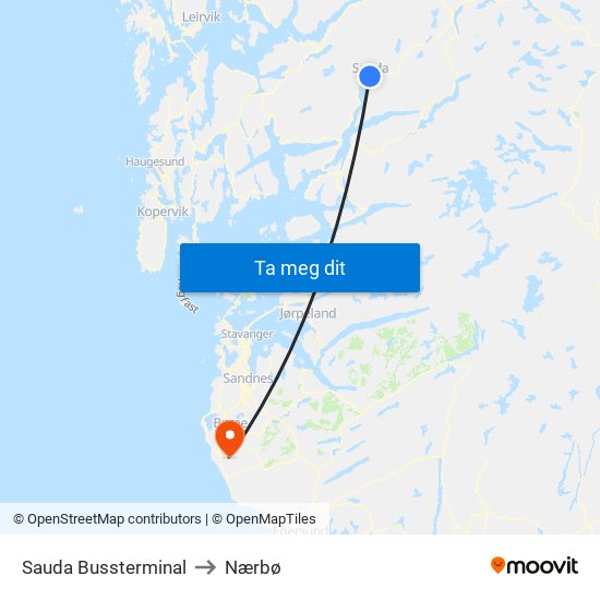 Sauda Bussterminal to Nærbø map