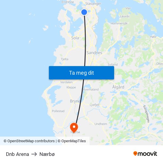 Dnb Arena to Nærbø map