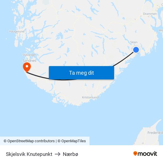 Skjelsvik Knutepunkt to Nærbø map