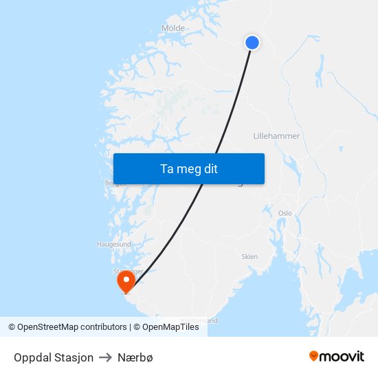 Oppdal Stasjon to Nærbø map