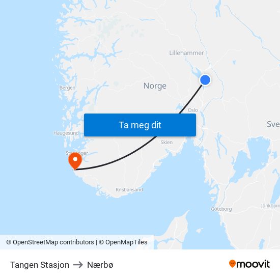Tangen Stasjon to Nærbø map