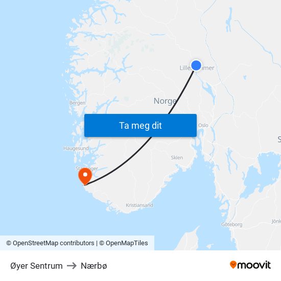 Øyer Sentrum to Nærbø map