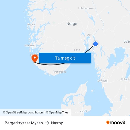 Bergerkrysset Mysen to Nærbø map