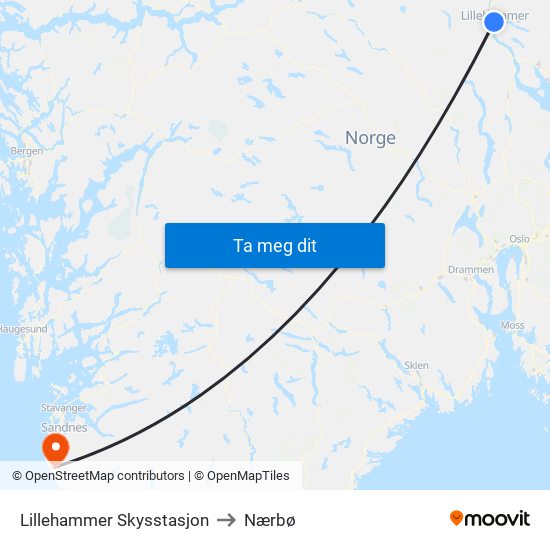 Lillehammer Skysstasjon to Nærbø map