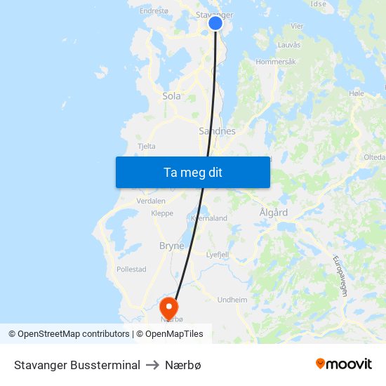 Stavanger Bussterminal to Nærbø map