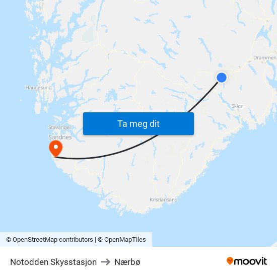 Notodden Skysstasjon to Nærbø map