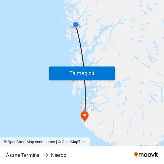 Åsane Terminal to Nærbø map