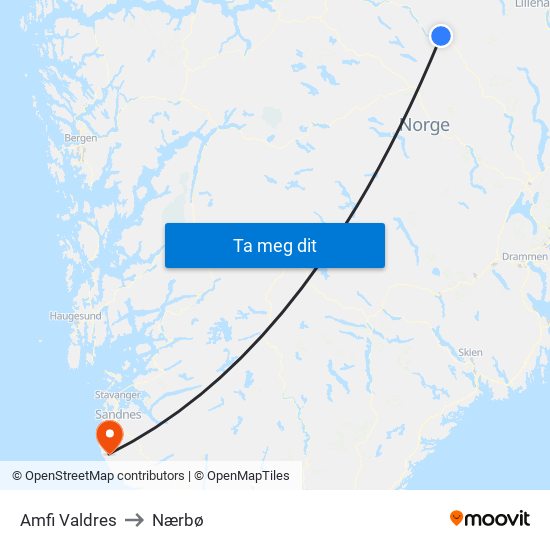 Amfi Valdres to Nærbø map