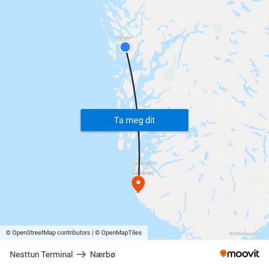 Nesttun Terminal to Nærbø map