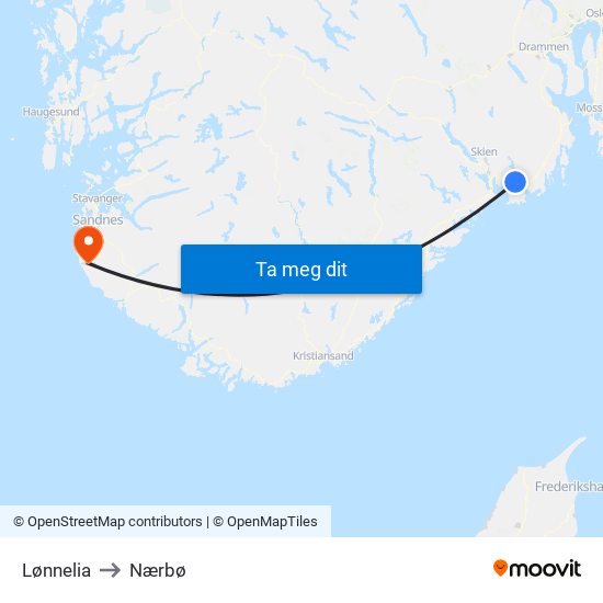 Lønnelia to Nærbø map