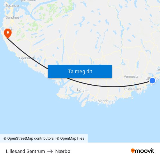 Lillesand Sentrum to Nærbø map