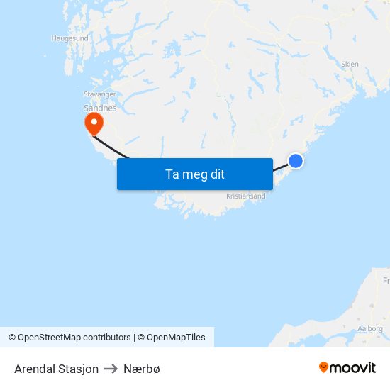 Arendal Stasjon to Nærbø map