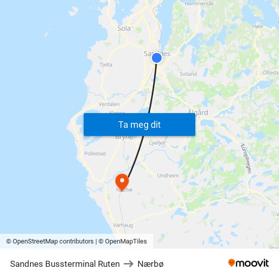 Sandnes Bussterminal Ruten to Nærbø map