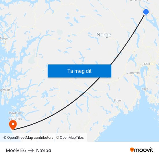 Moelv E6 to Nærbø map