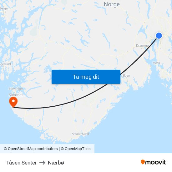 Tåsen Senter to Nærbø map