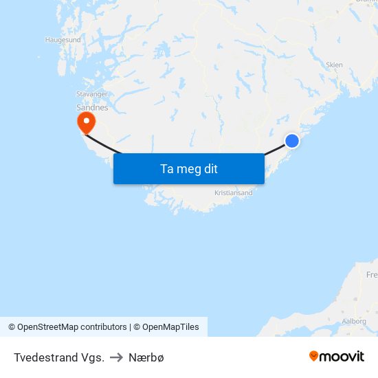 Tvedestrand Vgs. to Nærbø map