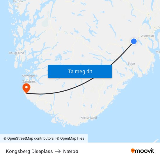 Kongsberg Diseplass to Nærbø map