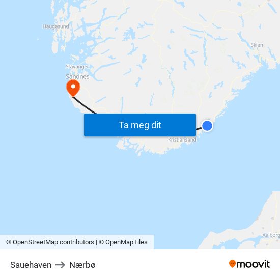 Sauehaven to Nærbø map