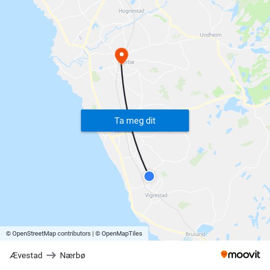 Ævestad to Nærbø map