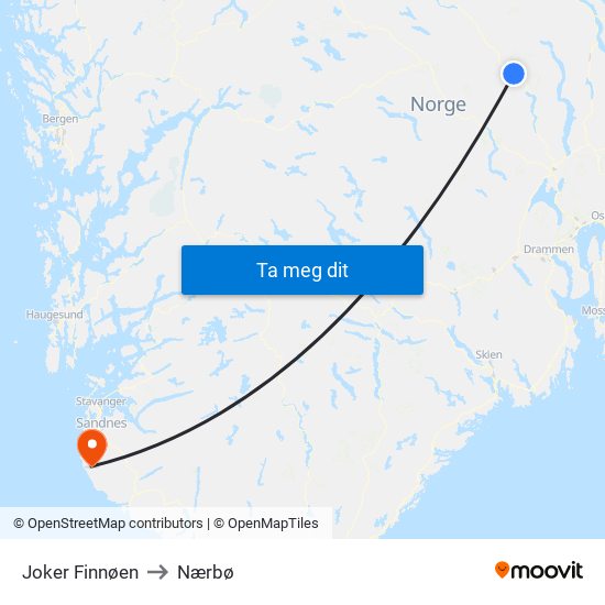 Joker Finnøen to Nærbø map