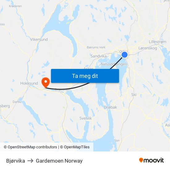 Bjørvika to Gardemoen Norway map