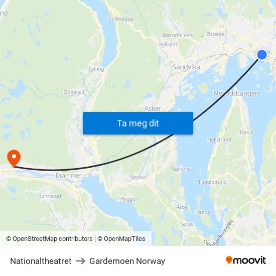 Nationaltheatret to Gardemoen Norway map