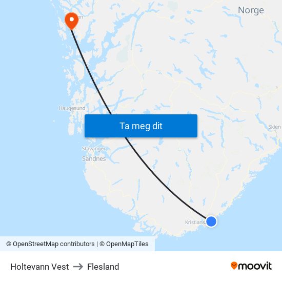 Holtevann Vest to Flesland map