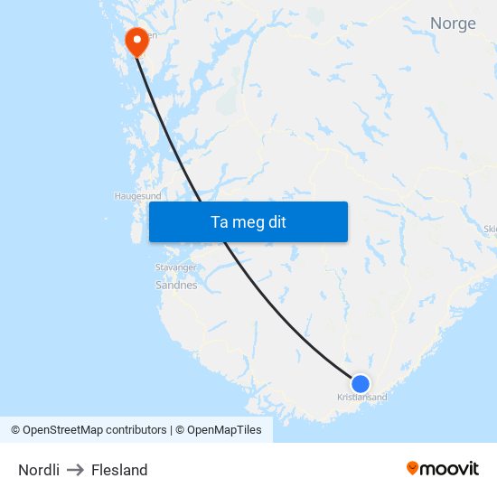 Nordli to Flesland map