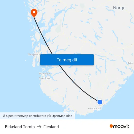 Birkeland Tomta to Flesland map