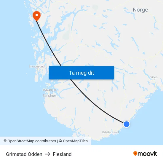 Grimstad Odden to Flesland map