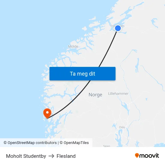 Moholt Studentby to Flesland map