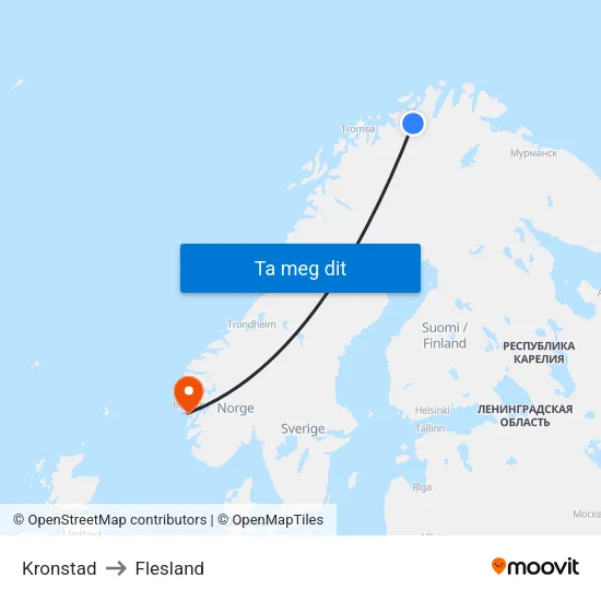 Kronstad to Flesland map