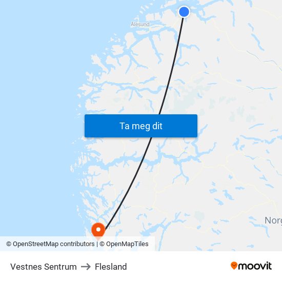 Vestnes Sentrum to Flesland map