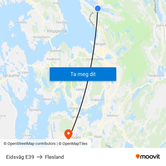 Eidsvåg E39 to Flesland map