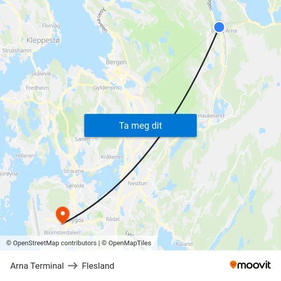 Arna Terminal to Flesland map