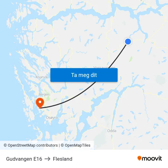 Gudvangen E16 to Flesland map