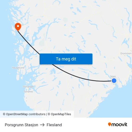 Porsgrunn Stasjon to Flesland map
