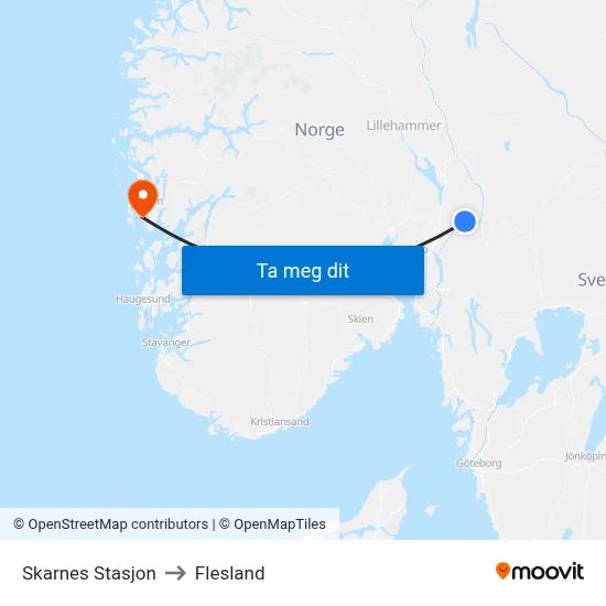 Skarnes Stasjon to Flesland map