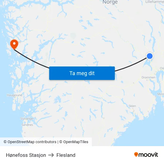 Hønefoss Stasjon to Flesland map