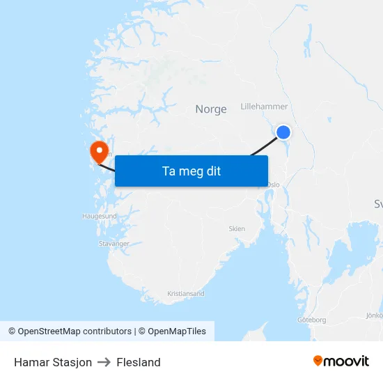 Hamar Stasjon to Flesland map