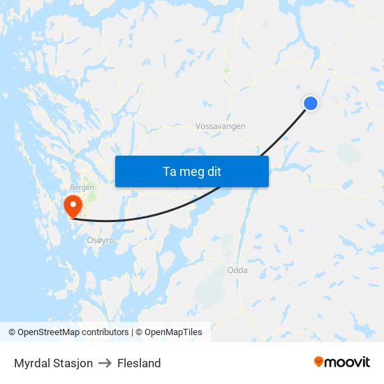 Myrdal Stasjon to Flesland map