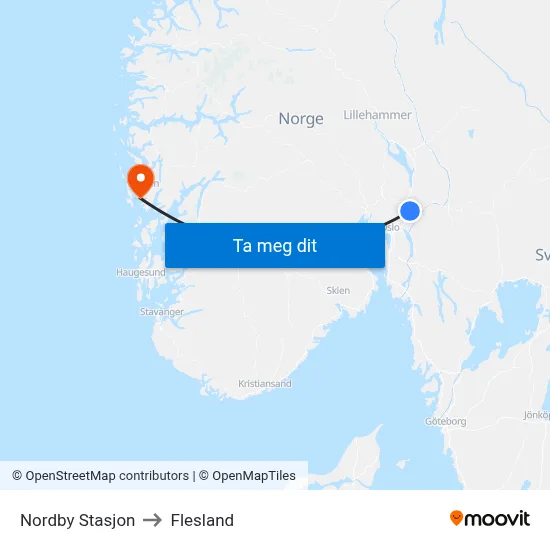 Nordby Stasjon to Flesland map