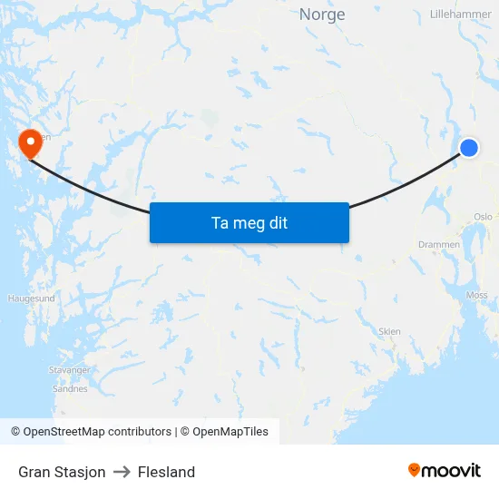 Gran Stasjon to Flesland map