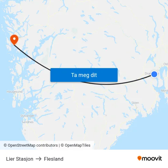 Lier Stasjon to Flesland map