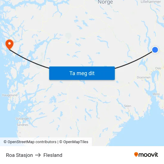 Roa Stasjon to Flesland map